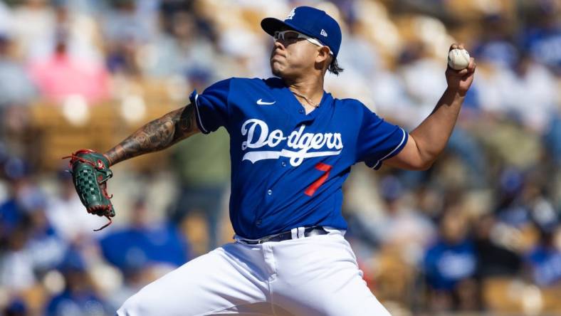 Feb 28, 2023; Phoenix, Arizona, USA; Los Angeles Dodgers pitcher Julio Urias against the Cincinnati Reds during a spring training game at Camelback Ranch-Glendale. Mandatory Credit: Mark J. Rebilas-USA TODAY Sports