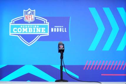 Mar 1, 2023; Indianapolis, IN, USA; An empty podium for Georgia Bulldogs defensive lineman Jalen Carter (not pictured) during the NFL Scouting Combine at the Indiana Convention Center. Mandatory Credit: Kirby Lee-USA TODAY Sports