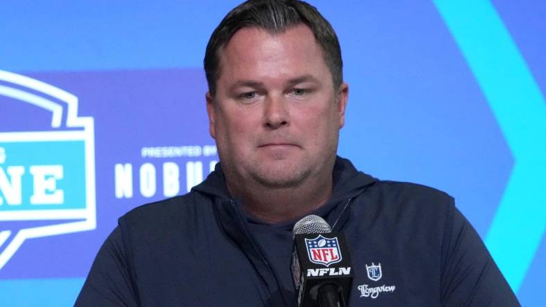 Mar 1, 2023; Indianapolis, IN, USA; Carolina Panthers general manager Scott Fitterer during the NFL Scouting Combine at the Indiana Convention Center. Mandatory Credit: Kirby Lee-USA TODAY Sports