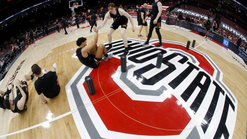 Mar 1, 2023; Columbus, Ohio, USA;  The Maryland Terrapins warms up before the game against the Ohio State Buckeyes at Value City Arena. Mandatory Credit: Joseph Maiorana-USA TODAY Sports