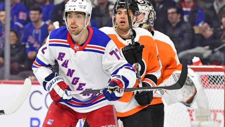 Mar 1, 2023; Philadelphia, Pennsylvania, USA; New York Rangers center Filip Chytil (72) and Philadelphia Flyers defenseman Tony DeAngelo (77) battle for position during the first period at Wells Fargo Center. Mandatory Credit: Eric Hartline-USA TODAY Sports