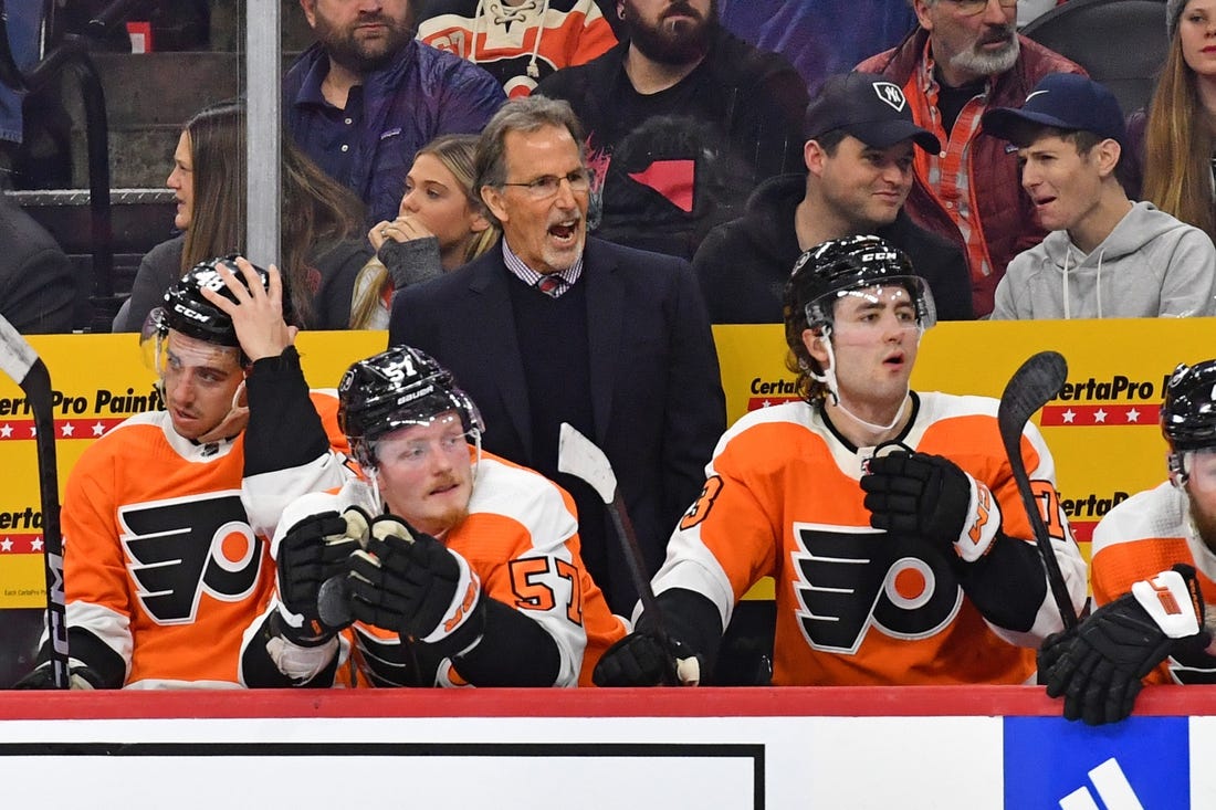 Mar 1, 2023; Philadelphia, Pennsylvania, USA; Philadelphia Flyers head coach John Tortorella behind the bench against the New York Rangers during the first period at Wells Fargo Center. Mandatory Credit: Eric Hartline-USA TODAY Sports