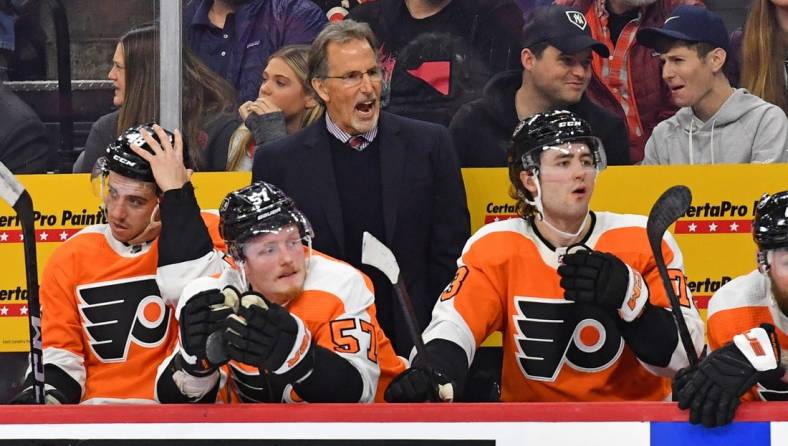 Mar 1, 2023; Philadelphia, Pennsylvania, USA; Philadelphia Flyers head coach John Tortorella behind the bench against the New York Rangers during the first period at Wells Fargo Center. Mandatory Credit: Eric Hartline-USA TODAY Sports