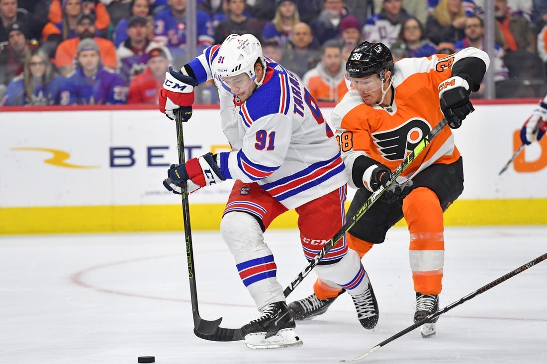 Mar 1, 2023; Philadelphia, Pennsylvania, USA; New York Rangers right wing Vladimir Tarasenko (91) battles for the puck against Philadelphia Flyers center Patrick Brown (38) during the first period at Wells Fargo Center. Mandatory Credit: Eric Hartline-USA TODAY Sports