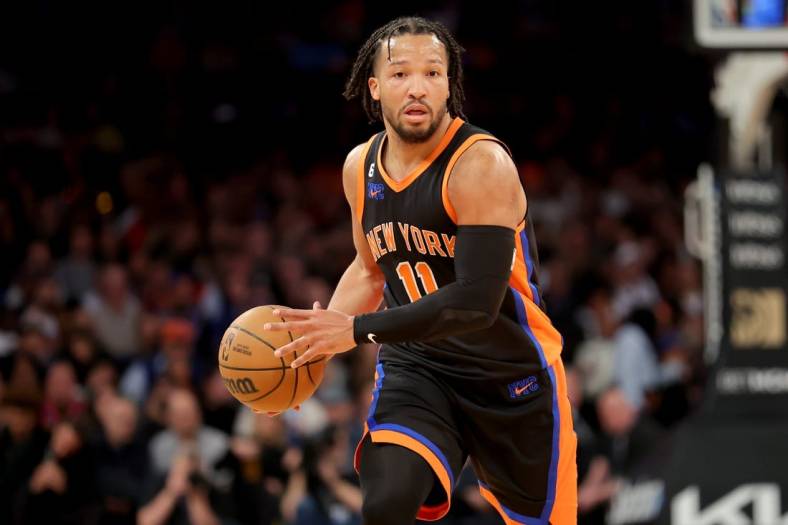 Mar 1, 2023; New York, New York, USA; New York Knicks guard Jalen Brunson (11) brings the ball up court against the Brooklyn Nets during the third quarter at Madison Square Garden. Mandatory Credit: Brad Penner-USA TODAY Sports