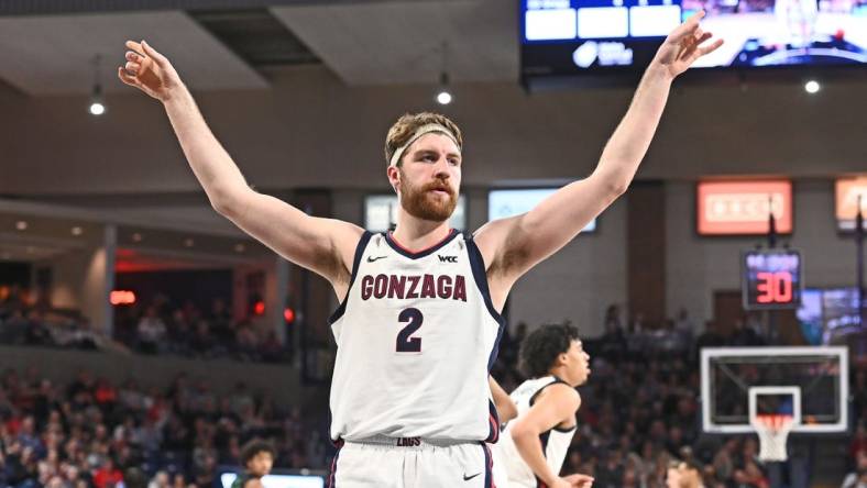 Mar 1, 2023; Spokane, Washington, USA; Gonzaga Bulldogs forward Drew Timme (2) celebrates after a play against the Chicago State Cougars in the second half at McCarthey Athletic Center. Gonzaga won 104-65. Mandatory Credit: James Snook-USA TODAY Sports