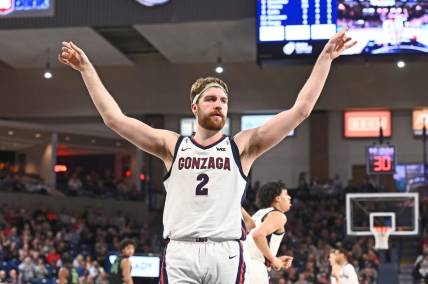 Mar 1, 2023; Spokane, Washington, USA; Gonzaga Bulldogs forward Drew Timme (2) celebrates after a play against the Chicago State Cougars in the second half at McCarthey Athletic Center. Gonzaga won 104-65. Mandatory Credit: James Snook-USA TODAY Sports