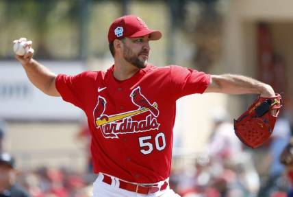 Mar 2, 2023; Jupiter, Florida, USA; St. Louis Cardinals starting pitcher Adam Wainwright (50) pitches in the first inning against the Houston Astros at Roger Dean Stadium. Mandatory Credit: Rhona Wise-USA TODAY Sports