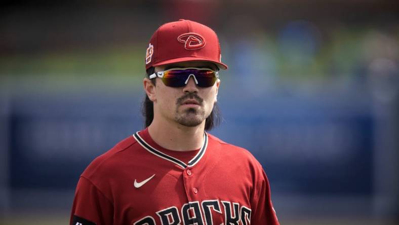 Mar 2, 2023; Phoenix, Arizona, USA; Arizona Diamondbacks outfielder Corbin Carroll against the Los Angeles Dodgers during a spring training game at Camelback Ranch-Glendale. Mandatory Credit: Mark J. Rebilas-USA TODAY Sports