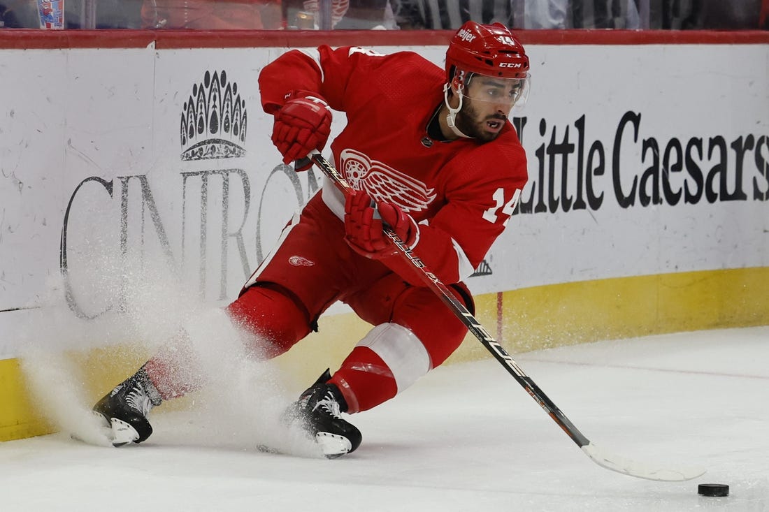 Mar 2, 2023; Detroit, Michigan, USA;  Detroit Red Wings center Robby Fabbri (14) skates with the puck in the second period against the Seattle Kraken at Little Caesars Arena. Mandatory Credit: Rick Osentoski-USA TODAY Sports