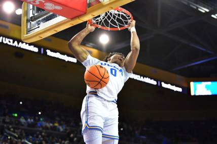 Mar 2, 2023; Los Angeles, California, USA; UCLA Bruins guard Jaylen Clark (0) dunks for the basket against the Arizona State Sun Devils during the second half at Pauley Pavilion. Mandatory Credit: Gary A. Vasquez-USA TODAY Sports