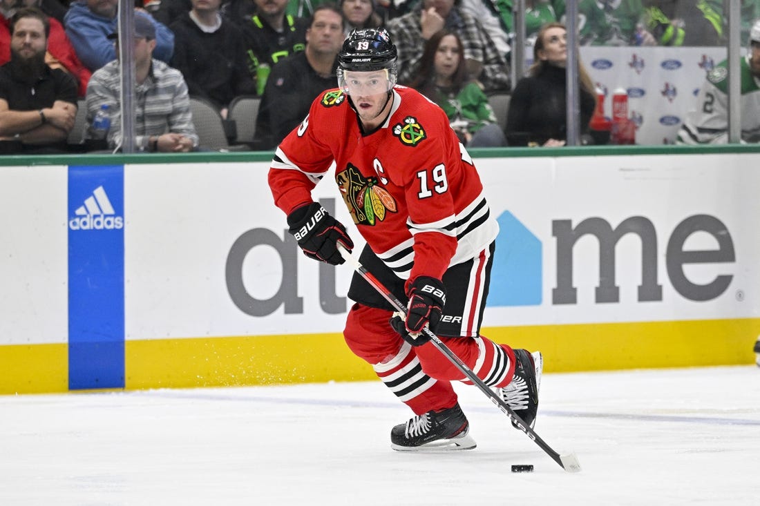 Nov 23, 2022; Dallas, Texas, USA; Chicago Blackhawks center Jonathan Toews (19) in action during the game between the Dallas Stars and the Chicago Blackhawks at American Airlines Center. Mandatory Credit: Jerome Miron-USA TODAY Sports