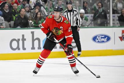 Nov 23, 2022; Dallas, Texas, USA; Chicago Blackhawks center Jonathan Toews (19) in action during the game between the Dallas Stars and the Chicago Blackhawks at American Airlines Center. Mandatory Credit: Jerome Miron-USA TODAY Sports