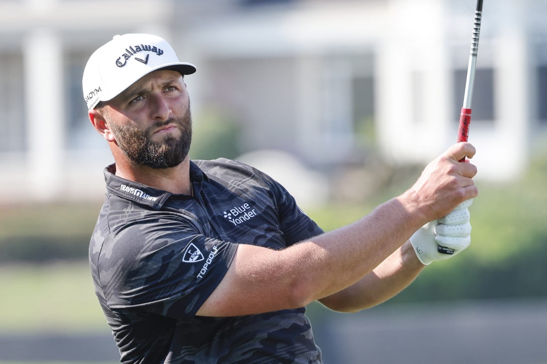 Mar 3, 2023; Orlando, Florida, USA; Jon Rahm hits his drive on the 18th hole during the second round of the Arnold Palmer Invitational golf tournament. Mandatory Credit: Reinhold Matay-USA TODAY Sports