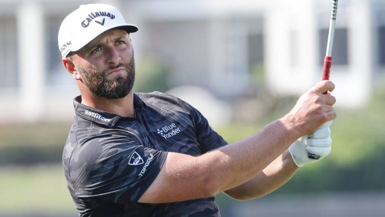 Mar 3, 2023; Orlando, Florida, USA; Jon Rahm hits his drive on the 18th hole during the second round of the Arnold Palmer Invitational golf tournament. Mandatory Credit: Reinhold Matay-USA TODAY Sports