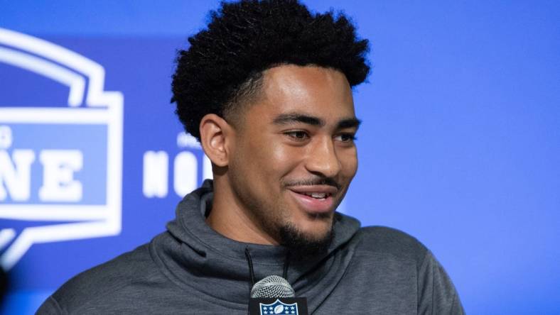 Mar 3, 2023; Indianapolis, IN, USA; Alabama quarterback Bryce Young (QB15) speaks to the press at the NFL Combine at Lucas Oil Stadium. Mandatory Credit: Trevor Ruszkowski-USA TODAY Sports