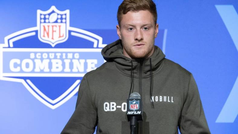 Mar 3, 2023; Indianapolis, IN, USA; Kentucky quarterback Will Levis (QB08) speaks to the press at the NFL Combine at Lucas Oil Stadium. Mandatory Credit: Trevor Ruszkowski-USA TODAY Sports