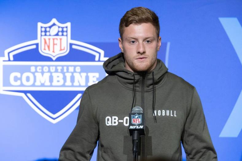 Mar 3, 2023; Indianapolis, IN, USA; Kentucky quarterback Will Levis (QB08) speaks to the press at the NFL Combine at Lucas Oil Stadium. Mandatory Credit: Trevor Ruszkowski-USA TODAY Sports