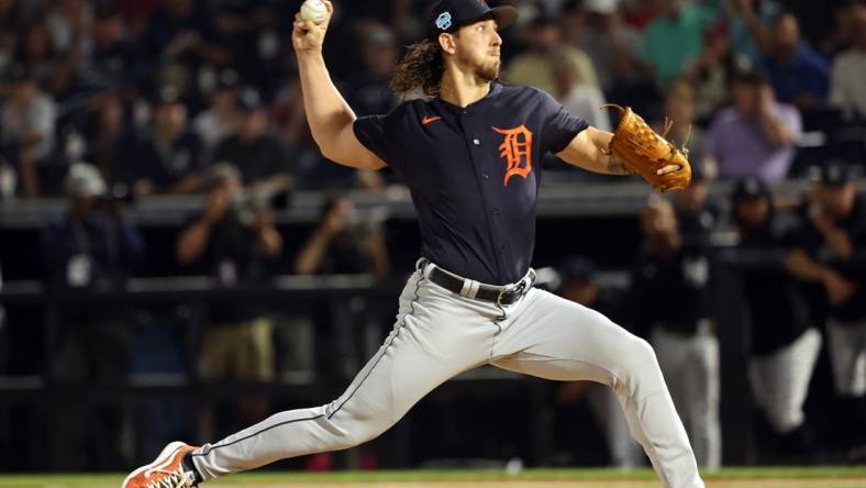 Mar 3, 2023; Tampa, Florida, USA;  Detroit Tigers starting pitcher Michael Lorenzen (21) throws a pitch during the first inning against the New York Yankees at George M. Steinbrenner Field. Mandatory Credit: Kim Klement-USA TODAY Sports