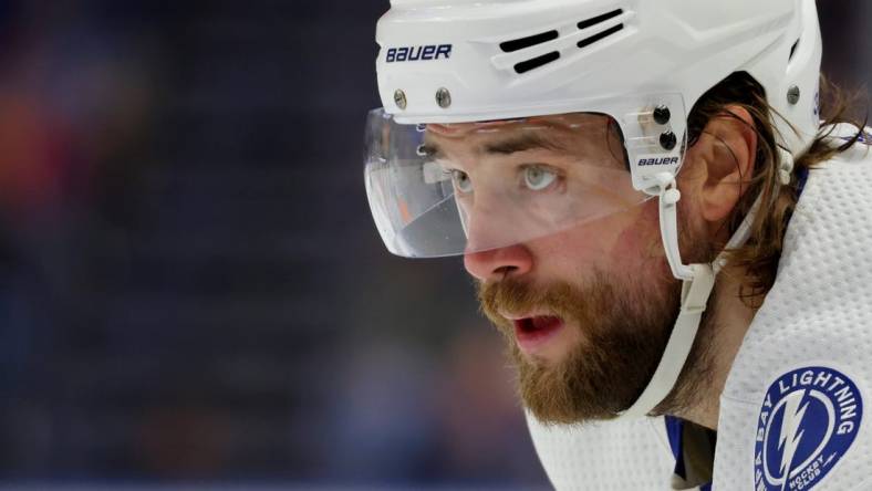 Mar 4, 2023; Buffalo, New York, USA;  Tampa Bay Lightning defenseman Victor Hedman (77) waits for the face-off during the first period against the Buffalo Sabres at KeyBank Center. Mandatory Credit: Timothy T. Ludwig-USA TODAY Sports