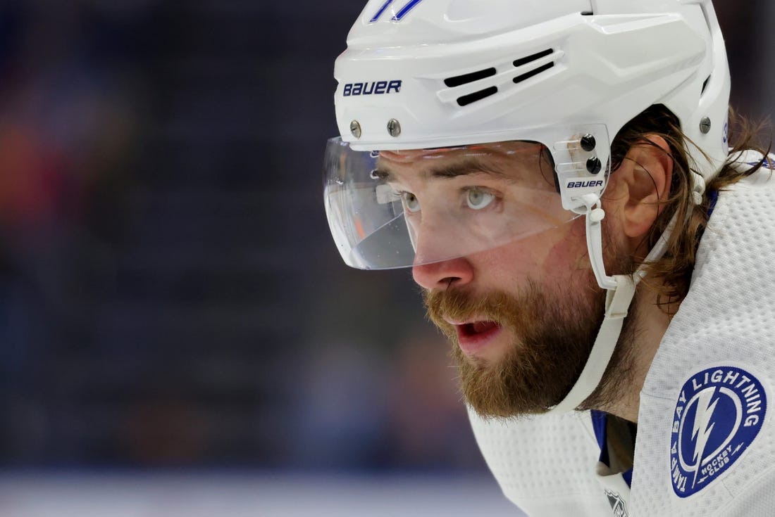 Mar 4, 2023; Buffalo, New York, USA;  Tampa Bay Lightning defenseman Victor Hedman (77) waits for the face-off during the first period against the Buffalo Sabres at KeyBank Center. Mandatory Credit: Timothy T. Ludwig-USA TODAY Sports