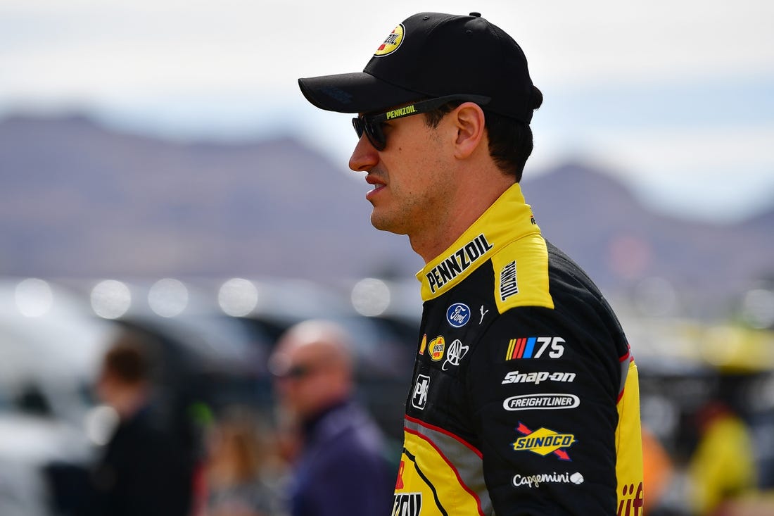 Mar 4, 2023; Las Vegas, Nevada, USA; NASCAR Cup Series driver Joey Logano (22) during practice at Las Vegas Motor Speedway. Mandatory Credit: Gary A. Vasquez-USA TODAY Sports