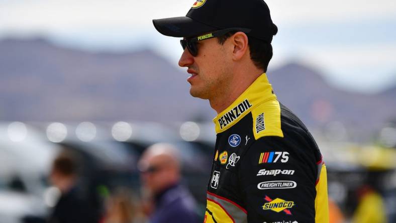 Mar 4, 2023; Las Vegas, Nevada, USA; NASCAR Cup Series driver Joey Logano (22) during practice at Las Vegas Motor Speedway. Mandatory Credit: Gary A. Vasquez-USA TODAY Sports