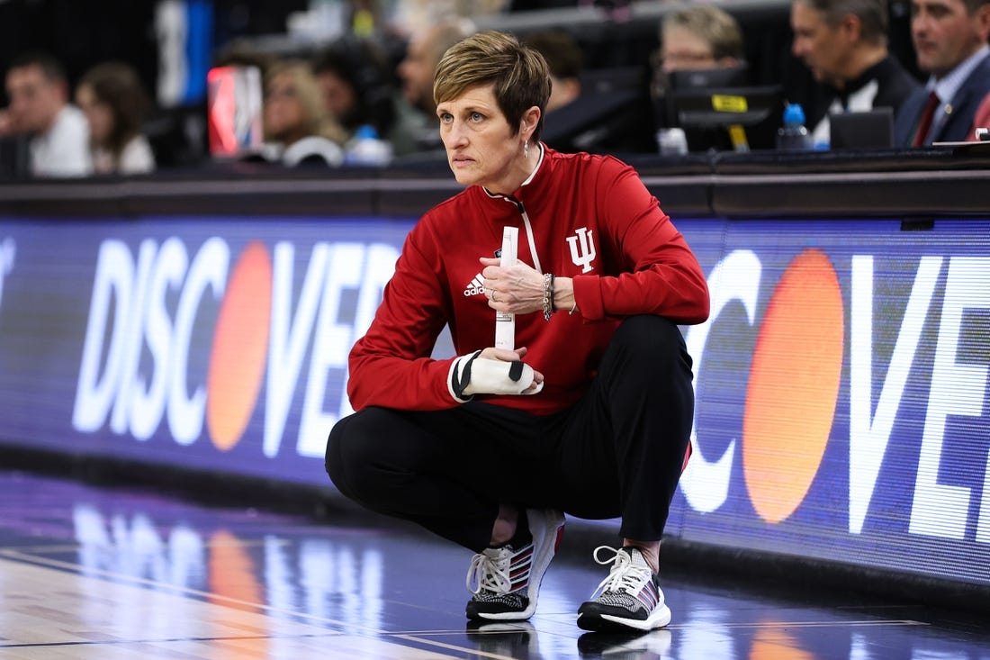 Mar 4, 2023; Minneapolis, MINN, USA; Indiana Hoosiers head coach Teri Moren looks on during the first half against the Ohio State Buckeyes at Target Center. Mandatory Credit: Matt Krohn-USA TODAY Sports