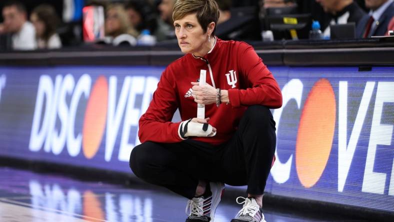 Mar 4, 2023; Minneapolis, MINN, USA; Indiana Hoosiers head coach Teri Moren looks on during the first half against the Ohio State Buckeyes at Target Center. Mandatory Credit: Matt Krohn-USA TODAY Sports