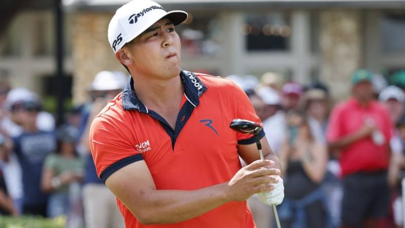 Mar 4, 2023; Orlando, Florida, USA;  Kurt Kitayama watches his drive on the first tee during the third round of the Arnold Palmer Invitational golf tournament. Mandatory Credit: Reinhold Matay-USA TODAY Sports