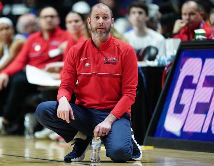 Mar 4, 2023; Uncasville, CT, USA; St. John's Red Storm head coach Joe Tartamella watches from the sideline as they take on the Marquette Golden Eagles at Mohegan Sun Arena. Mandatory Credit: David Butler II-USA TODAY Sports