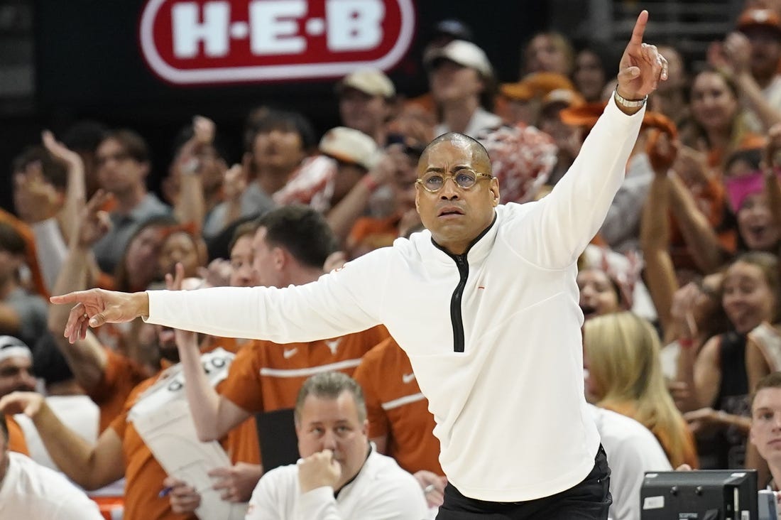 Mar 4, 2023; Austin, Texas, USA; Texas Longhorns interim head coach Rodney Terry signals to players during the second half against the Kansas Jayhawks at Moody Center. Mandatory Credit: Scott Wachter-USA TODAY Sports