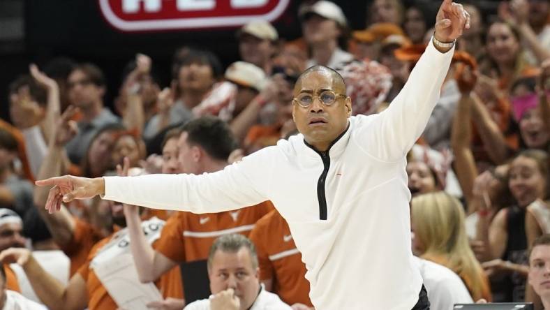 Mar 4, 2023; Austin, Texas, USA; Texas Longhorns interim head coach Rodney Terry signals to players during the second half against the Kansas Jayhawks at Moody Center. Mandatory Credit: Scott Wachter-USA TODAY Sports