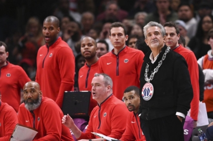 Mar 4, 2023; Washington, District of Columbia, USA;  Washington Wizards owner Ted Leonsis wears a chain with the team logo on the sidelines during the second half of the game against the Toronto Raptors   at Capital One Arena. Mandatory Credit: Tommy Gilligan-USA TODAY Sports