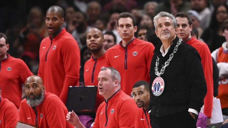 Mar 4, 2023; Washington, District of Columbia, USA;  Washington Wizards owner Ted Leonsis wears a chain with the team logo on the sidelines during the second half of the game against the Toronto Raptors   at Capital One Arena. Mandatory Credit: Tommy Gilligan-USA TODAY Sports