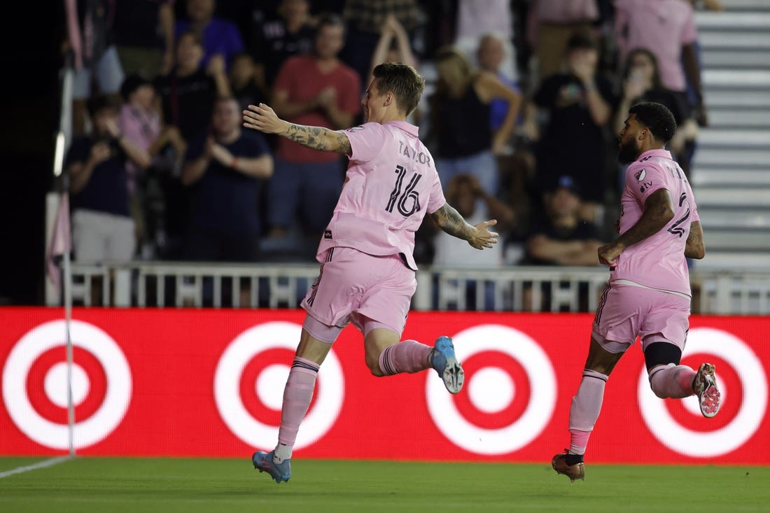 Mar 4, 2023; Fort Lauderdale, Florida, USA;  Inter Miami CF midfielder Robert Taylor (16) celebrates after scoring a goal against the Philadelphia Union in the second half at DRV PNK Stadium. Mandatory Credit: Sam Navarro-USA TODAY Sports