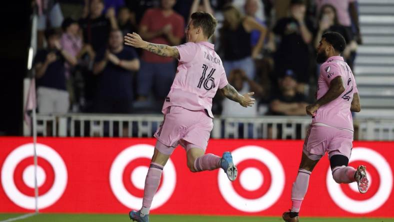 Mar 4, 2023; Fort Lauderdale, Florida, USA;  Inter Miami CF midfielder Robert Taylor (16) celebrates after scoring a goal against the Philadelphia Union in the second half at DRV PNK Stadium. Mandatory Credit: Sam Navarro-USA TODAY Sports