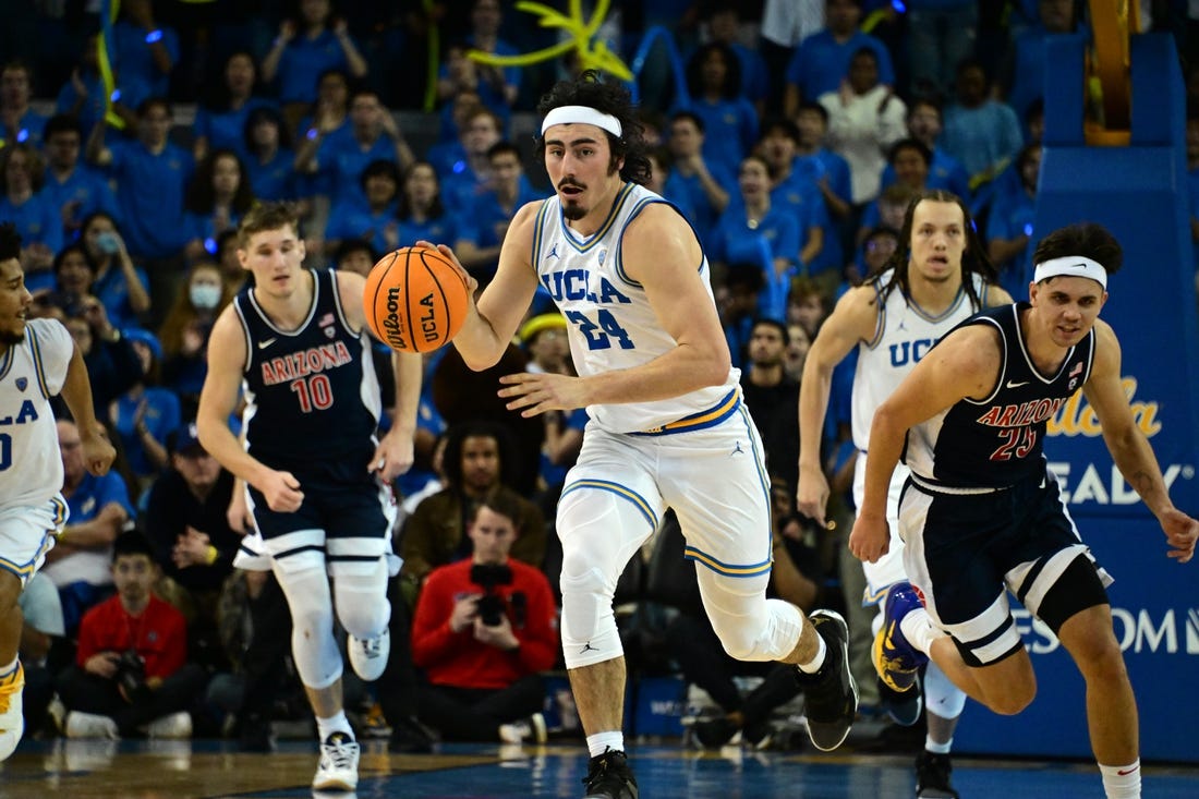 Mar 4, 2023; Los Angeles, California, USA;  UCLA Bruins guard Jaime Jaquez Jr. (24) drives tot he basket during the second half against the Arizona Wildcats at Pauley Pavilion presented by Wescom. Mandatory Credit: Richard Mackson-USA TODAY Sports