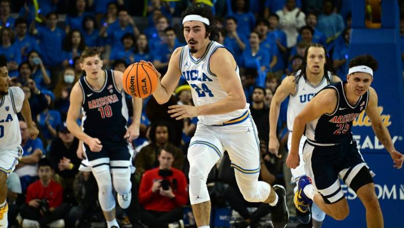 Mar 4, 2023; Los Angeles, California, USA;  UCLA Bruins guard Jaime Jaquez Jr. (24) drives tot he basket during the second half against the Arizona Wildcats at Pauley Pavilion presented by Wescom. Mandatory Credit: Richard Mackson-USA TODAY Sports