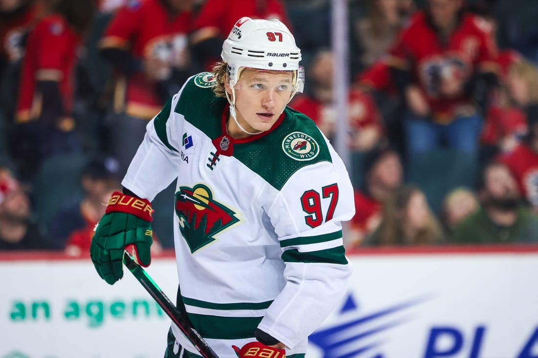 Mar 4, 2023; Calgary, Alberta, CAN; Minnesota Wild left wing Kirill Kaprizov (97) during the third period against the Calgary Flames at Scotiabank Saddledome. Mandatory Credit: Sergei Belski-USA TODAY Sports