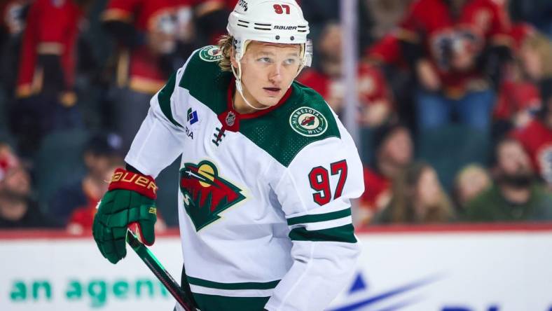 Mar 4, 2023; Calgary, Alberta, CAN; Minnesota Wild left wing Kirill Kaprizov (97) during the third period against the Calgary Flames at Scotiabank Saddledome. Mandatory Credit: Sergei Belski-USA TODAY Sports