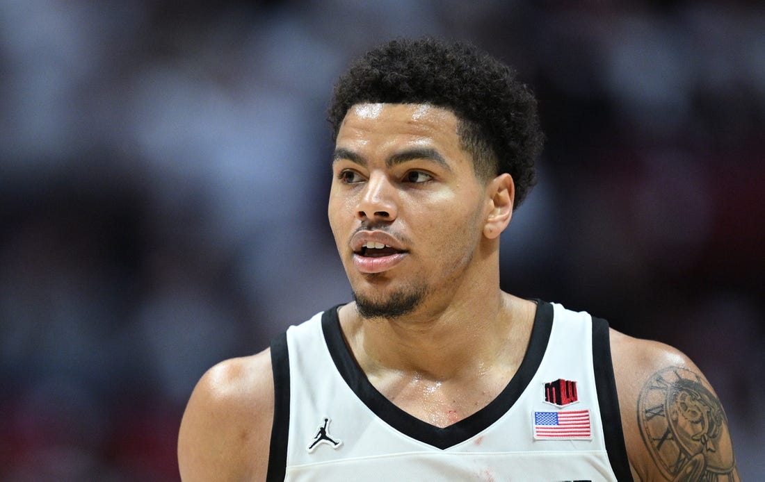 Mar 4, 2023; San Diego, California, USA; San Diego State Aztecs guard Matt Bradley (20) looks on during the second half against the Wyoming Cowboys at Viejas Arena. Mandatory Credit: Orlando Ramirez-USA TODAY Sports