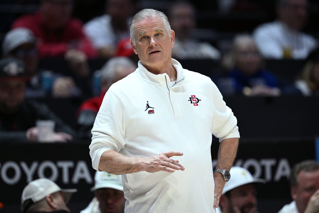 Mar 4, 2023; San Diego, California, USA; San Diego State Aztecs head coach Brian Dutcher looks on during the second half against the Wyoming Cowboys at Viejas Arena. Mandatory Credit: Orlando Ramirez-USA TODAY Sports