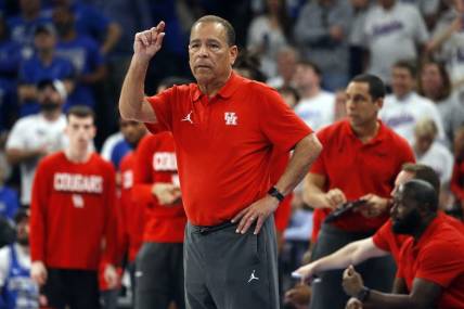 Mar 5, 2023; Memphis, Tennessee, USA; Houston Cougars head coach Kelvin Sampson gives direction during the second half against the Memphis Tigers at FedExForum. Mandatory Credit: Petre Thomas-USA TODAY Sports