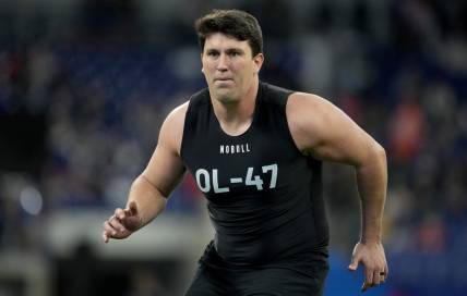 Mar 5, 2023; Indianapolis, IN, USA; Southern California offensive lineman Andrew Vorhees (OL47) during the NFL Scouting Combine at Lucas Oil Stadium. Mandatory Credit: Kirby Lee-USA TODAY Sports