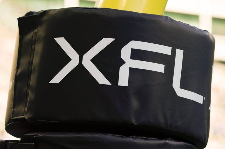 Mar 5, 2023; Arlington, TX, USA; The XFL logo on the goal post during a game between the Arlington Renegades and the Orlando Guardians during the second half at Choctaw Stadium. Mandatory Credit: Raymond Carlin III-USA TODAY Sports
