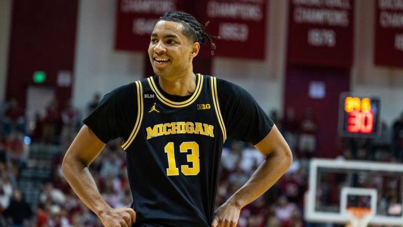 Mar 5, 2023; Bloomington, Indiana, USA; Michigan Wolverines guard Jett Howard (13) in the first half against the Indiana Hoosiers at Simon Skjodt Assembly Hall. Mandatory Credit: Trevor Ruszkowski-USA TODAY Sports