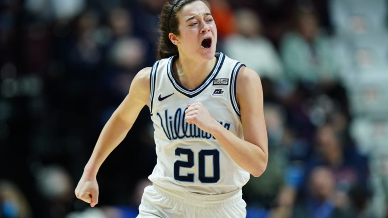 Mar 5, 2023; Uncasville, CT, USA; Villanova Wildcats forward Maddy Siegrist (20) reacts after her basket against the Creighton Bluejays in the second half at Mohegan Sun Arena. Mandatory Credit: David Butler II-USA TODAY Sports