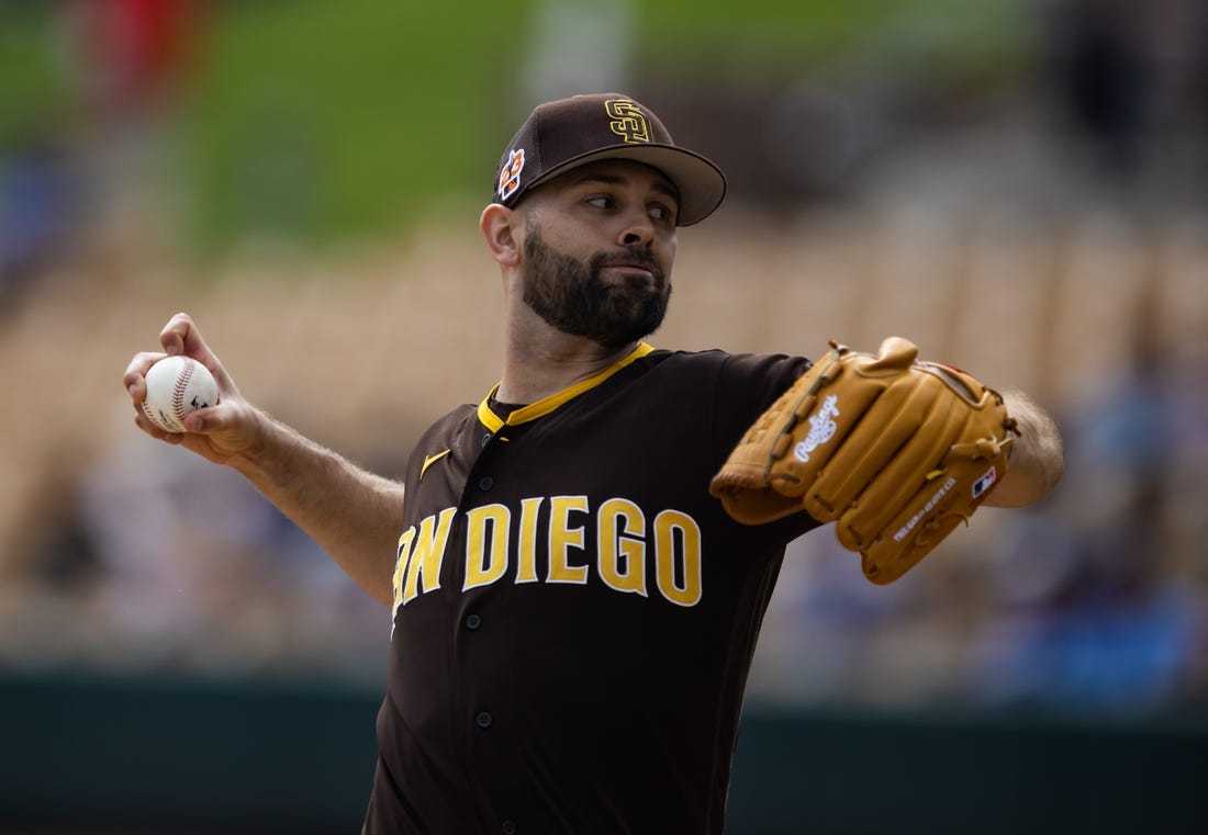 Mar 6, 2023; Phoenix, Arizona, USA; San Diego Padres pitcher Nick Martinez against the Los Angeles Dodgers during a spring training game at Camelback Ranch-Glendale. Mandatory Credit: Mark J. Rebilas-USA TODAY Sports