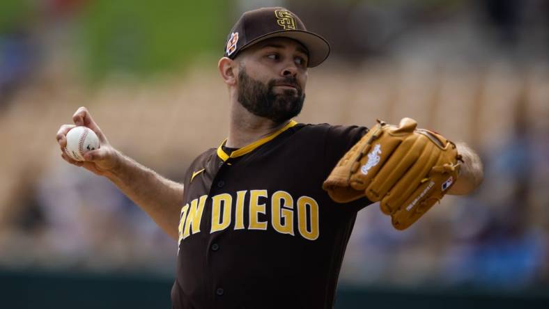 Mar 6, 2023; Phoenix, Arizona, USA; San Diego Padres pitcher Nick Martinez against the Los Angeles Dodgers during a spring training game at Camelback Ranch-Glendale. Mandatory Credit: Mark J. Rebilas-USA TODAY Sports